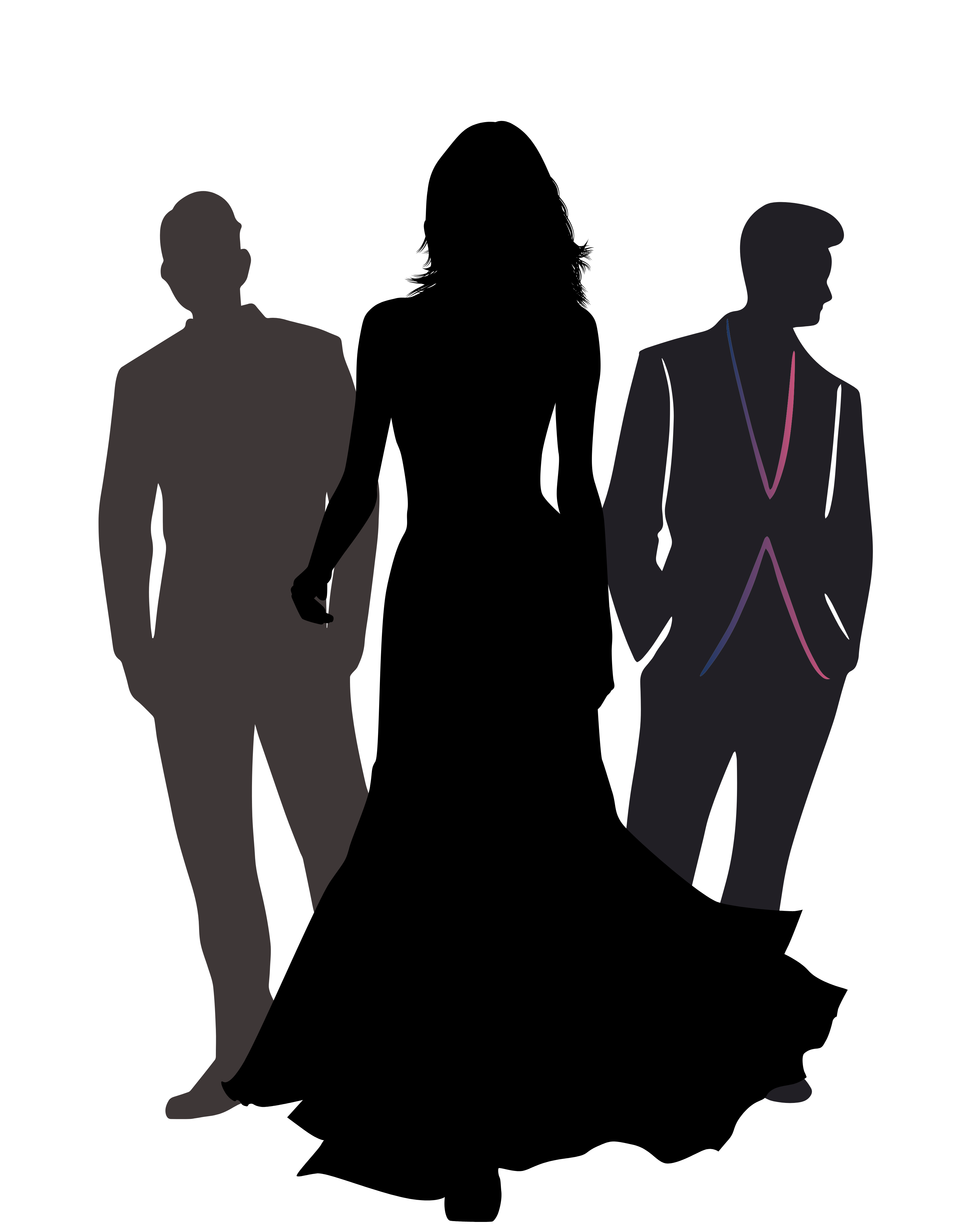 Black silhouettes of three men standing, one in front and two behind